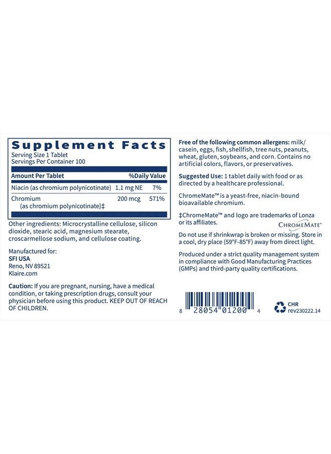 Klaire Labs - Chromemate - Chromemate Chromium Polynicotinate 200mcg Supplement - Bioavailable Form of Chromium with Niacin - Hypoallergenic (100 Tablets) - Image 1