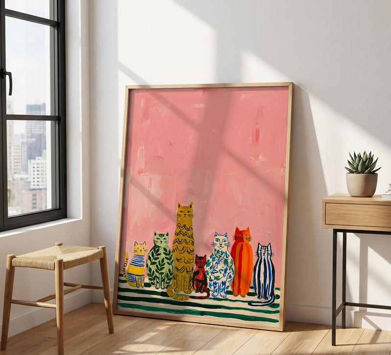TNESSENTIAL Hand Painted Cats Print – Colorful Patterned Feline Wall Decor, Quirky Modern Folk Cat Illustration, Cute Animal Poster, Eclectic Cat Art - Image 1