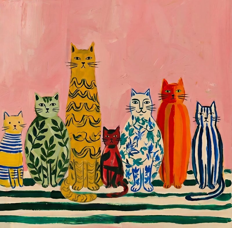 TNESSENTIAL Hand Painted Cats Print – Colorful Patterned Feline Wall Decor, Quirky Modern Folk Cat Illustration, Cute Animal Poster, Eclectic Cat Art - Image 2