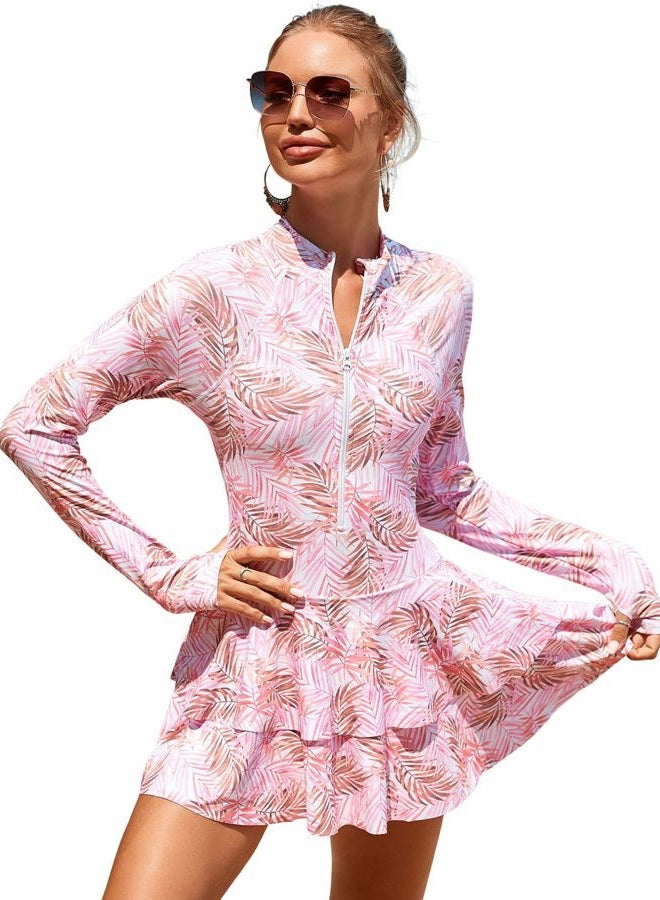 ABAFIP Women's Long Sleeve Rash Guard Swimdress Swimsuit Zipper One Piece Swim Dress Bathing Suit UPF 50, Pink, L - Image 1