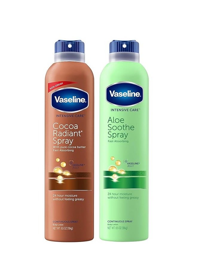 فازلين بخاخ مشع بالكاكاو + بخاخ مهدئ بالصبار منوع 2 عبوة – مرطبات شاملة غير دهنية وسريعة الامتصاص للبشرة الجافة، 6.5 أونصة - Image 1