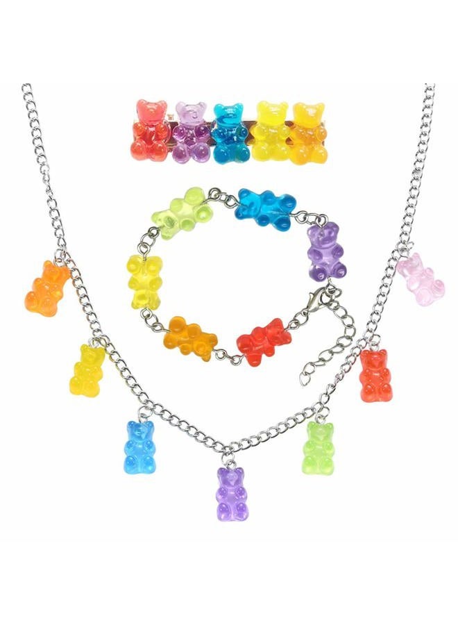 KURTCB Gummy Bear Necklace Colorful Resin Crazy Aesthetic Y2k Pendant Necklace for Girls Women (Necklace Bracelet Hair Clip SET) - Image 1