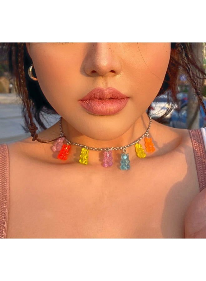 KURTCB Gummy Bear Necklace Colorful Resin Crazy Aesthetic Y2k Pendant Necklace for Girls Women (Necklace Bracelet Hair Clip SET) - Image 2