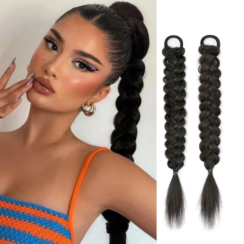 RUSTAMM 2Pcs Braided Ponytail Extensions with Hair Ties Soft Synthetic Hair Pieces for Women Girls Daily Wear 16 Inch ï¼ˆ Natural blackï¼‰ - Image 1