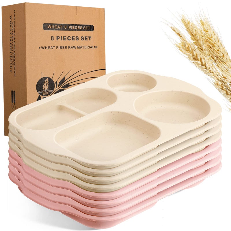 Vesici 8 Pcs Large 12 Inch Unbreakable Divided Plates for Kids Adults  Wheat Straw Tray  Microwave Dishwasher Safe  Reusable Plastic Compartment PlatesPink Beige