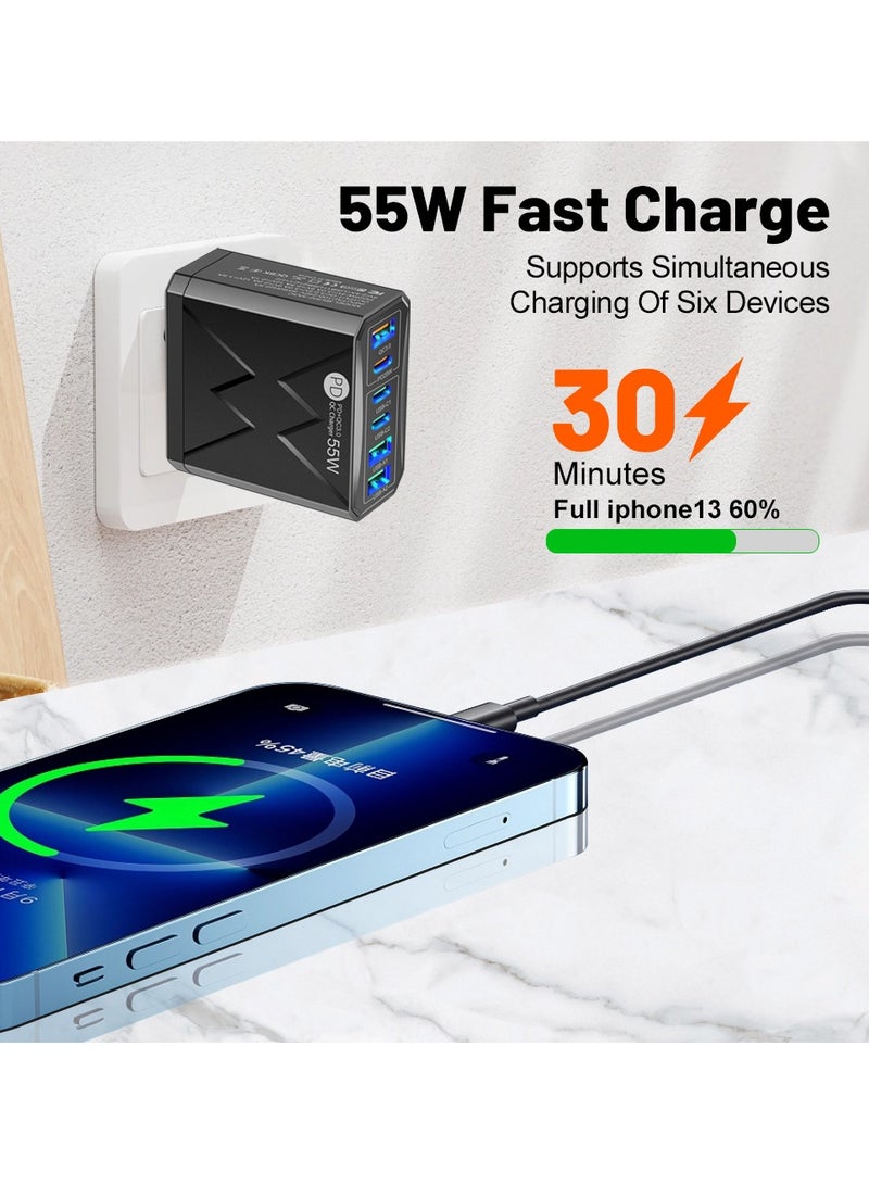 NIBEMINENT 55W PD Fast Charging Phone Charger 6 Ports Usb C Charger Mobile Phone Charger Adapter Portable USB Type-C USB Charger  - Image 5