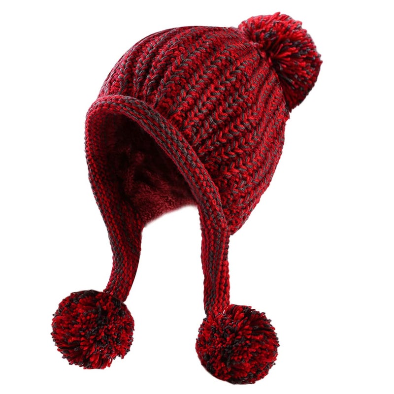 HUAMULAN Women Winter Sherpa Cover Ears Beanie Hat Ear Flaps Peruvian Warm Fleece Lined Knit Cute Soft Ski Hats 3 Pompom Red - Image 4