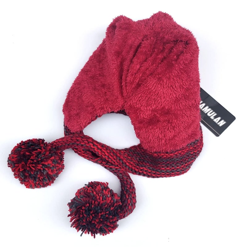 HUAMULAN Women Winter Sherpa Cover Ears Beanie Hat Ear Flaps Peruvian Warm Fleece Lined Knit Cute Soft Ski Hats 3 Pompom Red - Image 2