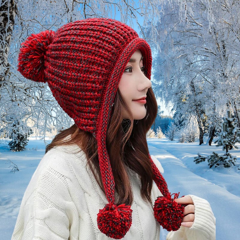 HUAMULAN Women Winter Sherpa Cover Ears Beanie Hat Ear Flaps Peruvian Warm Fleece Lined Knit Cute Soft Ski Hats 3 Pompom Red - Image 5