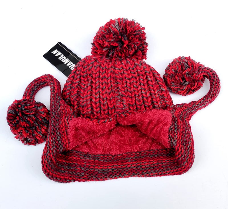 HUAMULAN Women Winter Sherpa Cover Ears Beanie Hat Ear Flaps Peruvian Warm Fleece Lined Knit Cute Soft Ski Hats 3 Pompom Red - Image 3
