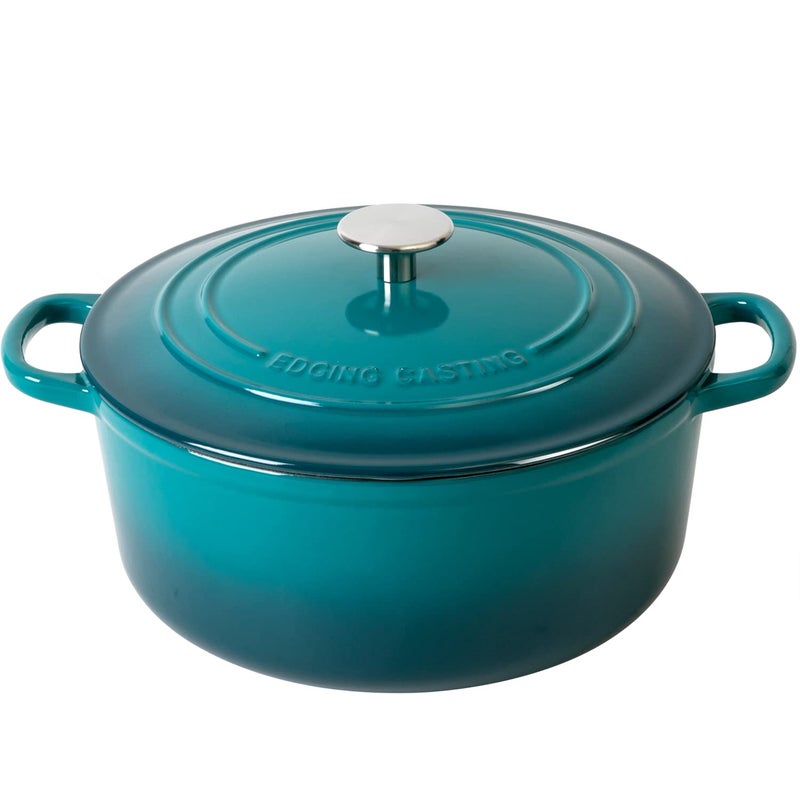 EDGING CASTING Enameled Cast Iron Dutch Oven Pot with Lid for Bread Baking Cooking Round Bread Oven Dual Handles 7 Quart Darkcyan