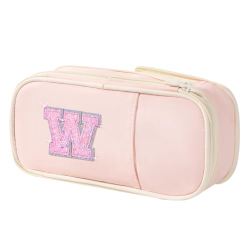 Janhavi Preppy Pencil Case, Initial Pencil Pouch for Back to School, Preppy Girl Stuff for School Supplies,Gift Idea for Birthday, Thanksgiving, Christams-Pink W - Image 1