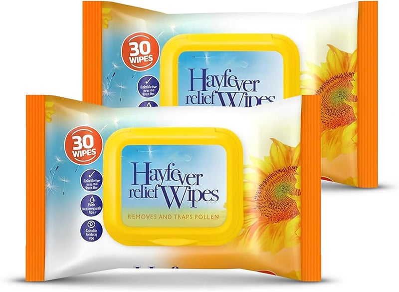 Lizzy Hayfever Relief Wipes 1 Pack 30 Wipes Enriched with Tea Tree Peppermint Oil AntiAllergen Wipes for Face Hands Removes Pollen Dust Pet Allergens 2 Pack 60 Wipes