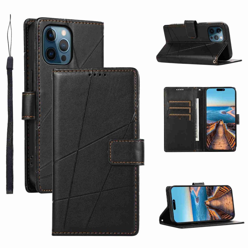 HuHa Case Cover For iPhone 12 Pro Max PU Genuine Leather Texture Embossed Line Phone Case(Black) - Image 1