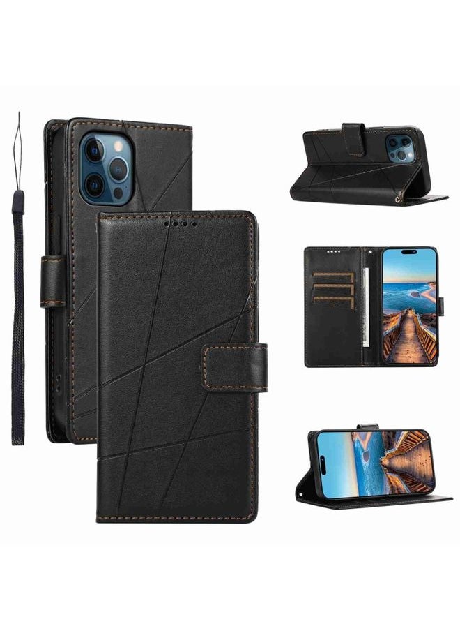 Generic Case Cover For iPhone 12 Pro Max PU Genuine Leather Texture Embossed Line Phone Case Black 