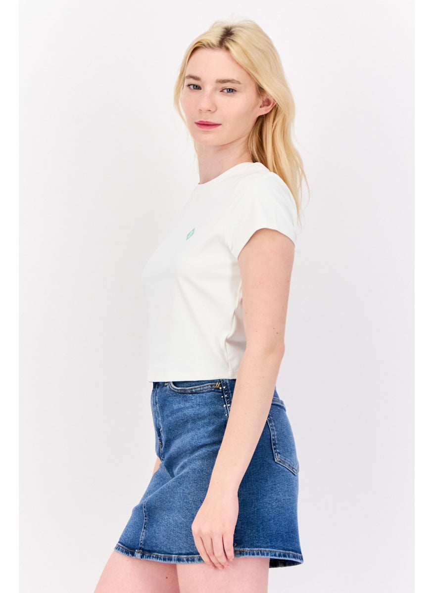 ESPRIT - Women Crew Neck Short Sleeve Brand Logo Crop Top, Off White - Image 1