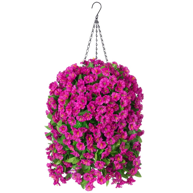 Ammyoo Artificial Faux Hanging Flowers Basket for Spring Summer Outdoor Porch Decoration, Fake Silk Colorful Morning Glory Eucalyptus in Planter UV Resistant for Home Balcony Yard(Red Purple) - Image 1