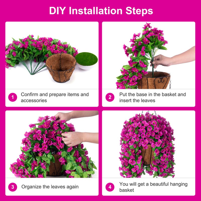 Ammyoo Artificial Faux Hanging Flowers Basket for Spring Summer Outdoor Porch Decoration, Fake Silk Colorful Morning Glory Eucalyptus in Planter UV Resistant for Home Balcony Yard(Red Purple) - Image 4