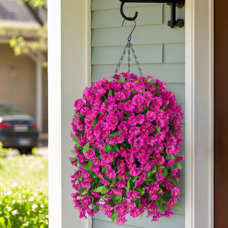 Ammyoo Artificial Faux Hanging Flowers Basket for Spring Summer Outdoor Porch Decoration, Fake Silk Colorful Morning Glory Eucalyptus in Planter UV Resistant for Home Balcony Yard(Red Purple) - Image 2