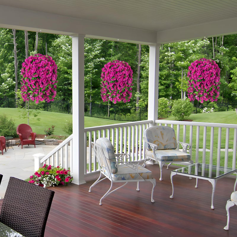 Ammyoo Artificial Faux Hanging Flowers Basket for Spring Summer Outdoor Porch Decoration, Fake Silk Colorful Morning Glory Eucalyptus in Planter UV Resistant for Home Balcony Yard(Red Purple) - Image 5