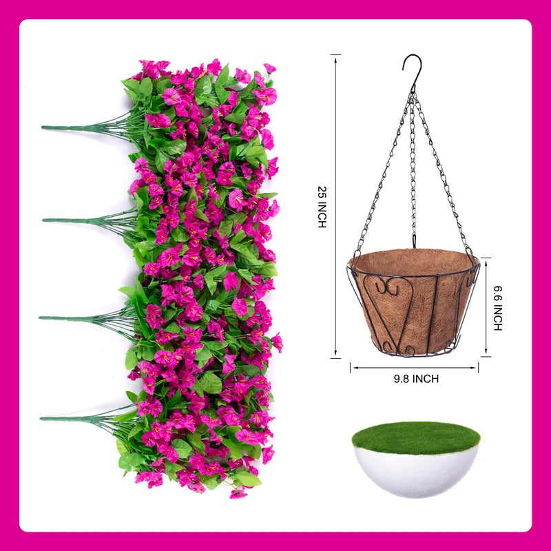 Ammyoo Artificial Faux Hanging Flowers Basket for Spring Summer Outdoor Porch Decoration, Fake Silk Colorful Morning Glory Eucalyptus in Planter UV Resistant for Home Balcony Yard(Red Purple) - Image 3