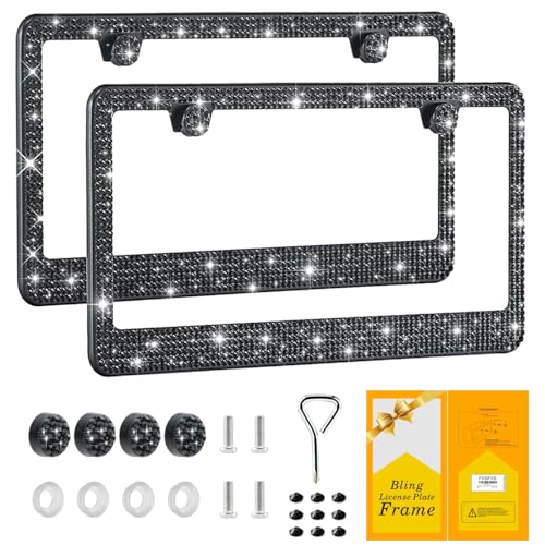 FIISFIIS Bling License Plate Frame for Women,2 Pack Premium Stainless Steel Rhinestone License Plate Holder,Handmade Glitter Crystal Diamond Girl Lincense Plate Tag Cover,Bedazzled Sparkly-Black - Image 1