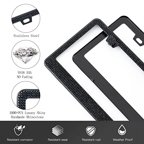 FIISFIIS Bling License Plate Frame for Women,2 Pack Premium Stainless Steel Rhinestone License Plate Holder,Handmade Glitter Crystal Diamond Girl Lincense Plate Tag Cover,Bedazzled Sparkly-Black - Image 3