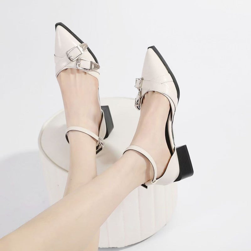 Spring 2025 Niche Design Pointed Toe Thick Heel French Retro High-Heeled Fashion Sandals New Simple And Stylish - Image 1