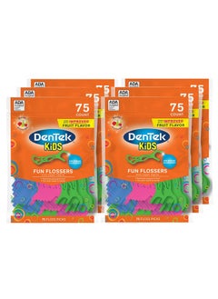 Dentek Kids Fun Flossers Removes Food & Plaque Wild Fruit Flavored Floss Picks 75 Count 6 Pack  - Image 1