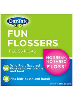 Dentek Kids Fun Flossers Removes Food & Plaque Wild Fruit Flavored Floss Picks 75 Count 6 Pack  - Image 3