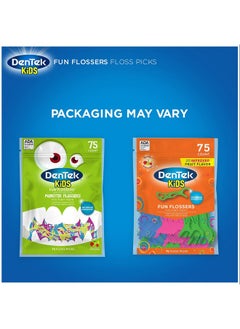 Dentek Kids Fun Flossers Removes Food & Plaque Wild Fruit Flavored Floss Picks 75 Count 6 Pack  - Image 2