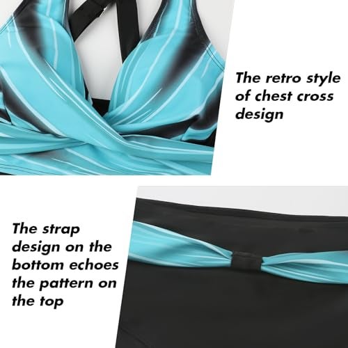 SEAFORM Womens Two Piece Swimsuits Wrap Front Bikini High Waisted Bottom Tummy Control Bathing Suits Vintage Print Swimwear Blue Stripes - Image 3