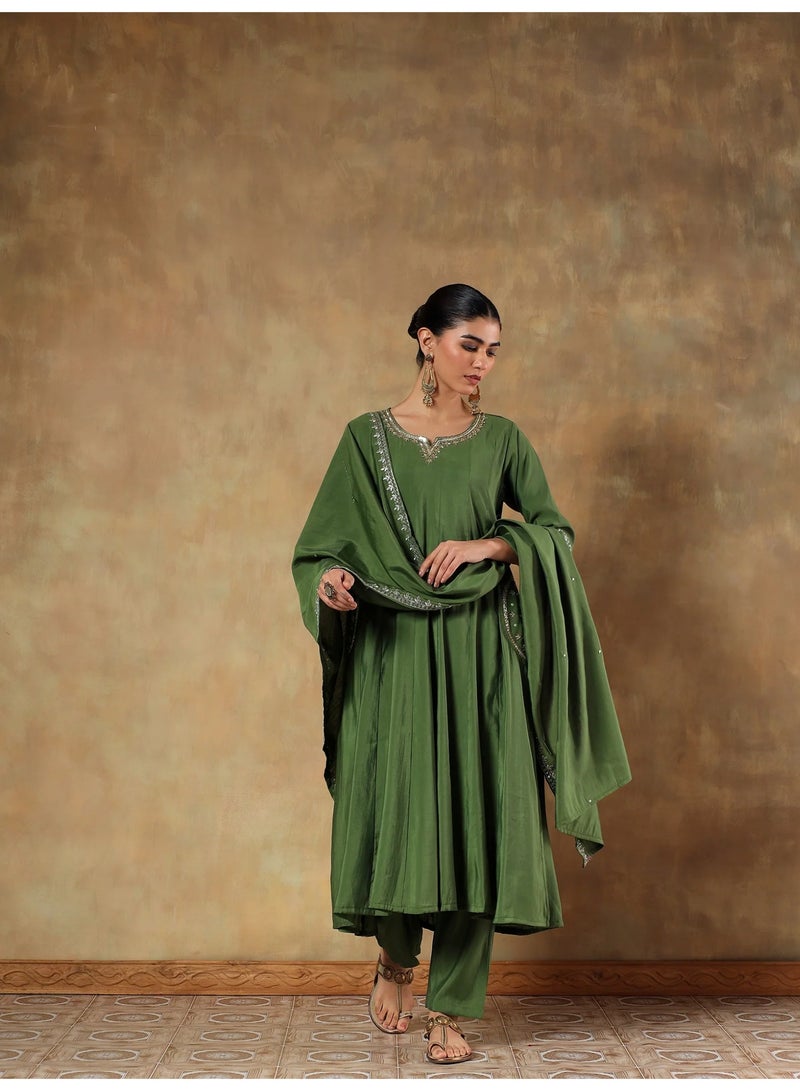 PRIYA’S PANACHE Olive Crepe Silk Embroidered Anarkali Kurta Set for Women with Dupatta – Indian Traditional Ethnic Wear, Minimal Elegant Kurti Set, Straight Pants, Casual and Festive Outfit - Image 5