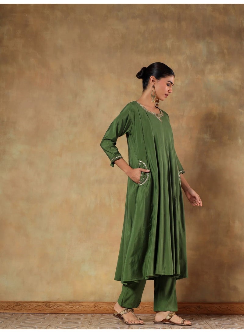 PRIYA’S PANACHE Olive Crepe Silk Embroidered Anarkali Kurta Set for Women with Dupatta – Indian Traditional Ethnic Wear, Minimal Elegant Kurti Set, Straight Pants, Casual and Festive Outfit - Image 2