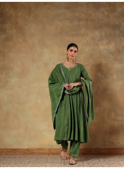 PRIYA’S PANACHE Olive Crepe Silk Embroidered Anarkali Kurta Set for Women with Dupatta – Indian Traditional Ethnic Wear, Minimal Elegant Kurti Set, Straight Pants, Casual and Festive Outfit