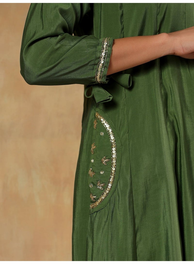 PRIYA’S PANACHE Olive Crepe Silk Embroidered Anarkali Kurta Set for Women with Dupatta – Indian Traditional Ethnic Wear, Minimal Elegant Kurti Set, Straight Pants, Casual and Festive Outfit - Image 3