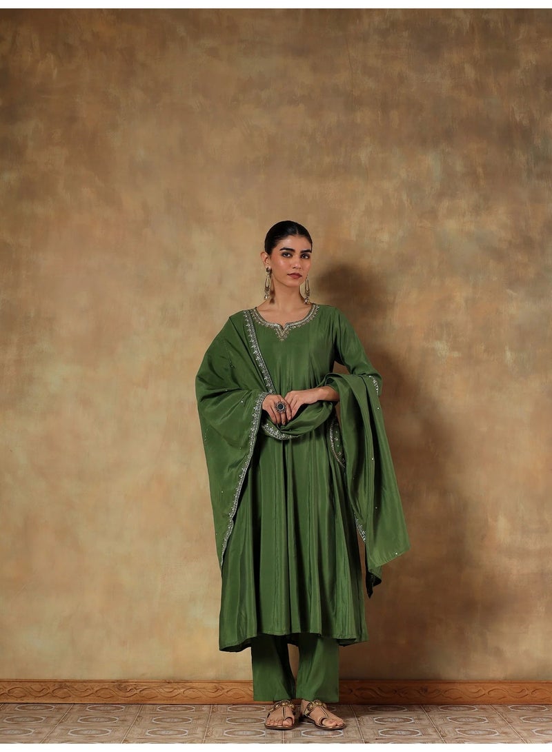PRIYA’S PANACHE Olive Crepe Silk Embroidered Anarkali Kurta Set for Women with Dupatta – Indian Traditional Ethnic Wear, Minimal Elegant Kurti Set, Straight Pants, Casual and Festive Outfit - Image 4