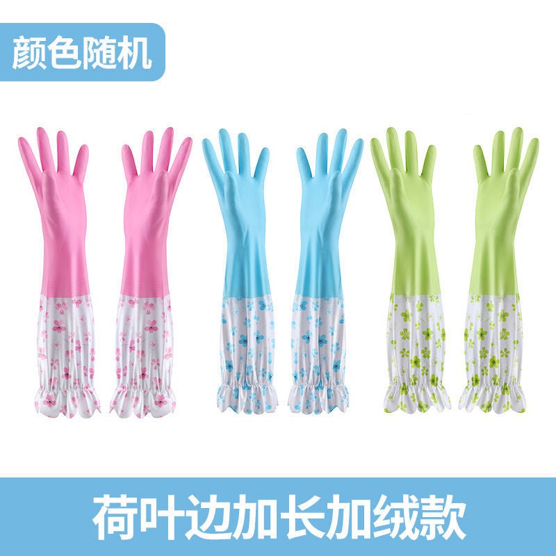 Kitchen dishwashing gloves rubber fleece-lined thickened cleaning household gloves laundry rubber lengthened waterproof gloves wholesale Ruffled fleece - Image 1
