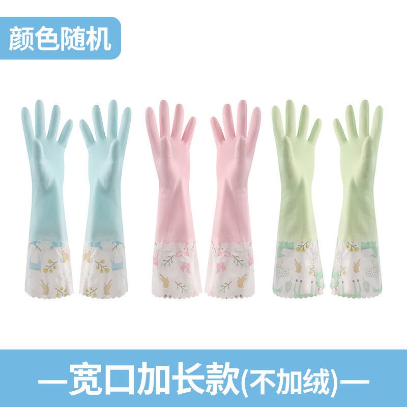 Kitchen dishwashing gloves rubber fleece-lined thickened cleaning household gloves laundry rubber lengthened waterproof gloves wholesale Ruffled fleece - Image 3