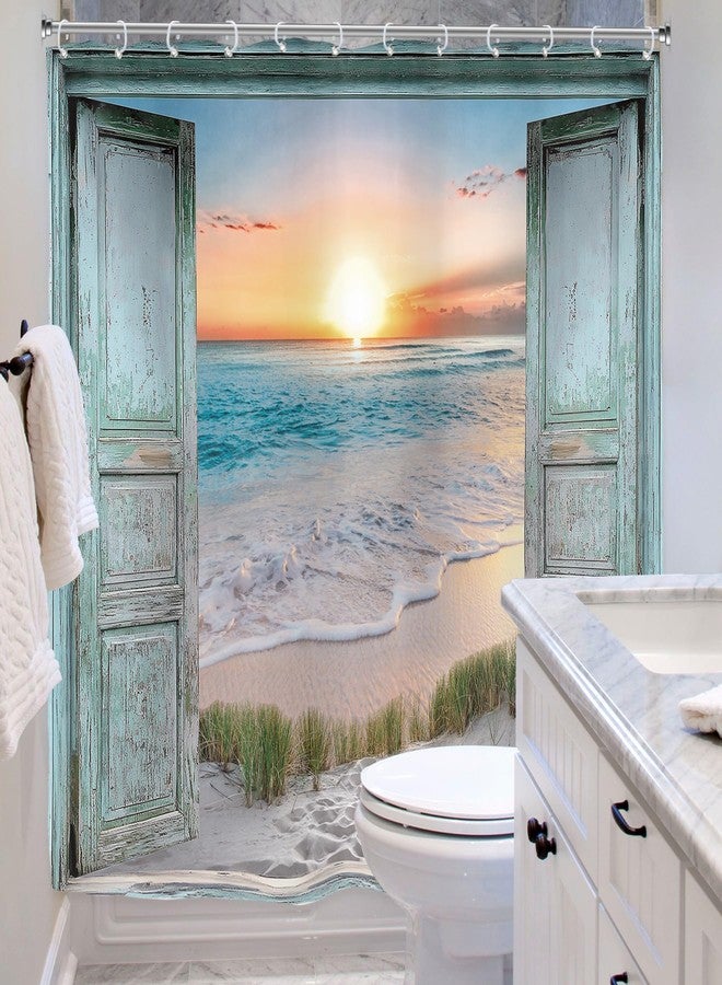Riyidecor Ocean Beach Teal Barn Door Shower Curtain for Bathroom Decor 72Wx72H Hawaiian Sunset Scenery Sea Wave Retro Wood Rustic Nature Art Printed Fabric Polyester Waterproof 12 Pack Plastic Hooks - Image 4