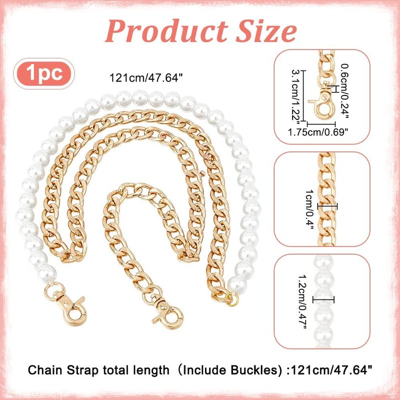 klarako Imitation Pearl Beaded Chain for Purse, 47.6 Inch Metal Shoulder Chain Replacement Handbag Decoration Chain Crossbody Bag Chain Strap with Lobster Clasp for DIY Bag Making Accessories,Gold - Image 2
