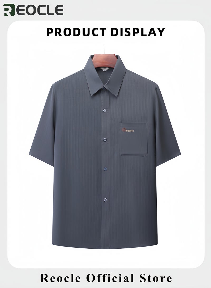 REOCLE Men‘s 2PCS Set Summer Short-sleeved Shirt with Shirt Collar and Pocket Cool-to-the-touch and Breathable T-shirt and Pants Set - Image 3