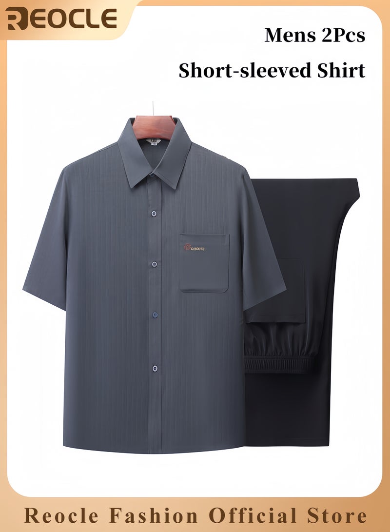 REOCLE Men‘s 2PCS Set Summer Short-sleeved Shirt with Shirt Collar and Pocket Cool-to-the-touch and Breathable T-shirt and Pants Set - Image 1