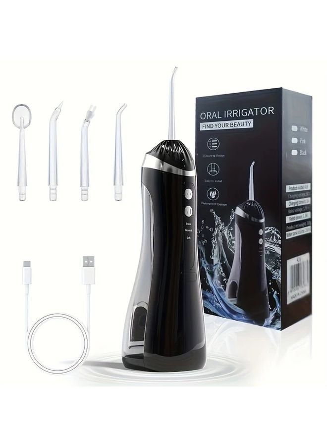 Black Portable Water Flosser Oral Irrigator Electric Dental Care Device with Interchangeable Tips Travel Friendly Waterpick Cable Included - Image 1