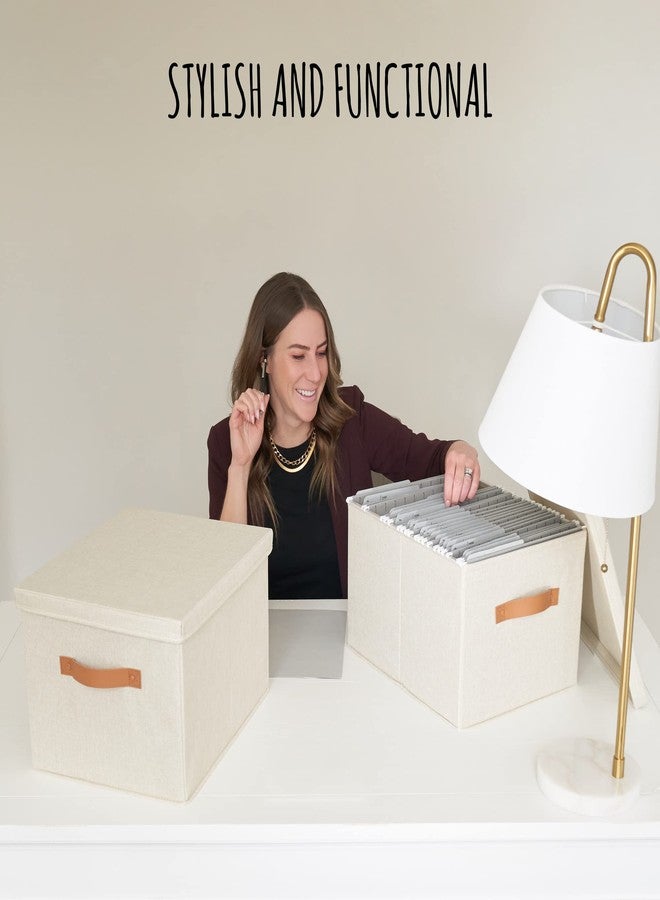 ZICOTO Decorative File Organizer Box Set of 2 - Collapsible Linen Filing Cabinets w/Handles Are Perfect to Store all Your Documents & Hanging File Folders - Portable Easy Slide Crates with Lid - Image 2