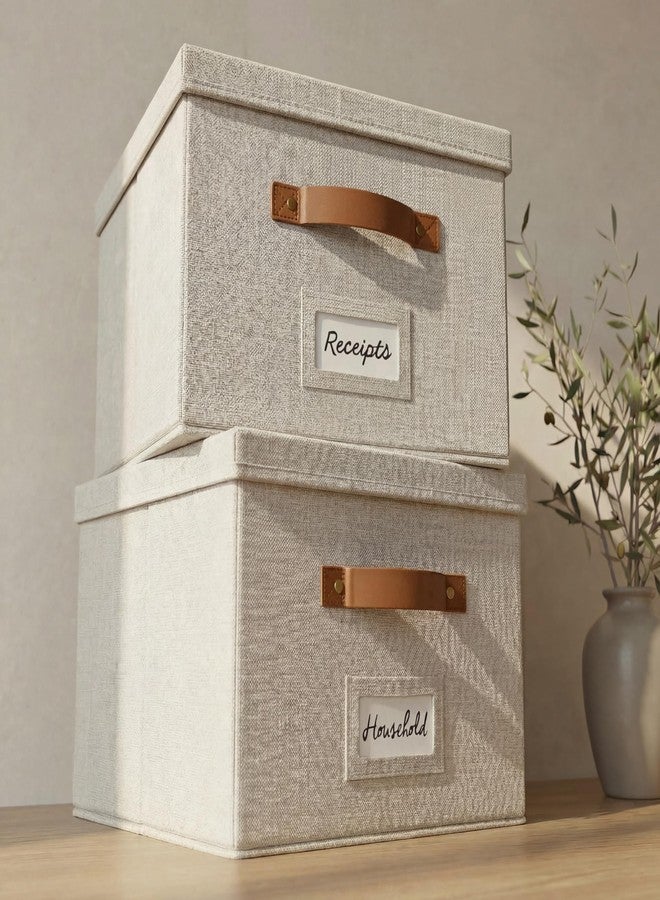 ZICOTO Decorative File Organizer Box Set of 2 - Collapsible Linen Filing Cabinets w/Handles Are Perfect to Store all Your Documents & Hanging File Folders - Portable Easy Slide Crates with Lid - Image 1