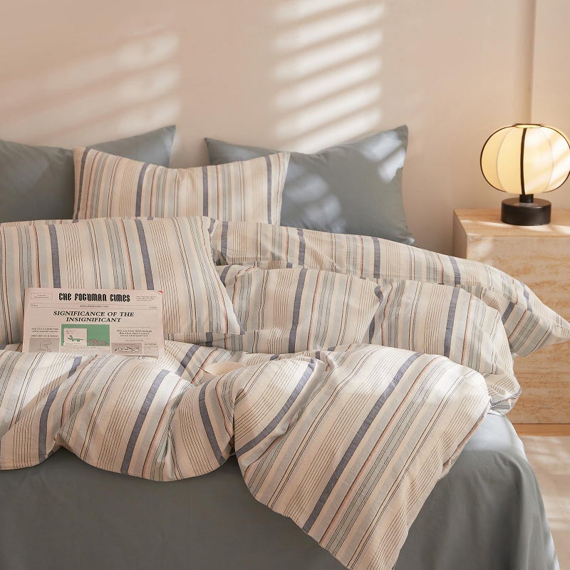 LifeTB Striped Duvet Cover Set Queen, 100% Washed Cotton Blue White Stripes Pattern Printed Comforter Cover, 3 Pieces Striped Bedding Set Comfy Breathable Duvet Cover Queen with 2 Pillowcases - Image 1