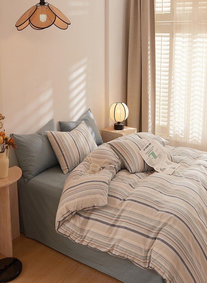 LifeTB Striped Duvet Cover Set Queen, 100% Washed Cotton Blue White Stripes Pattern Printed Comforter Cover, 3 Pieces Striped Bedding Set Comfy Breathable Duvet Cover Queen with 2 Pillowcases - Image 5