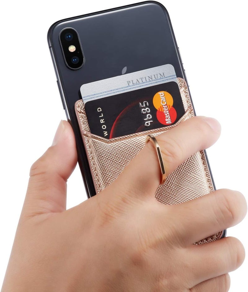 TOPWOOZU Phone Card Holder with Ring Grip for Back of Phone,Adhesive Stick-on Credit Card Wallet Pocket for iPhone,Android and Smartphones Rosegold - Image 3