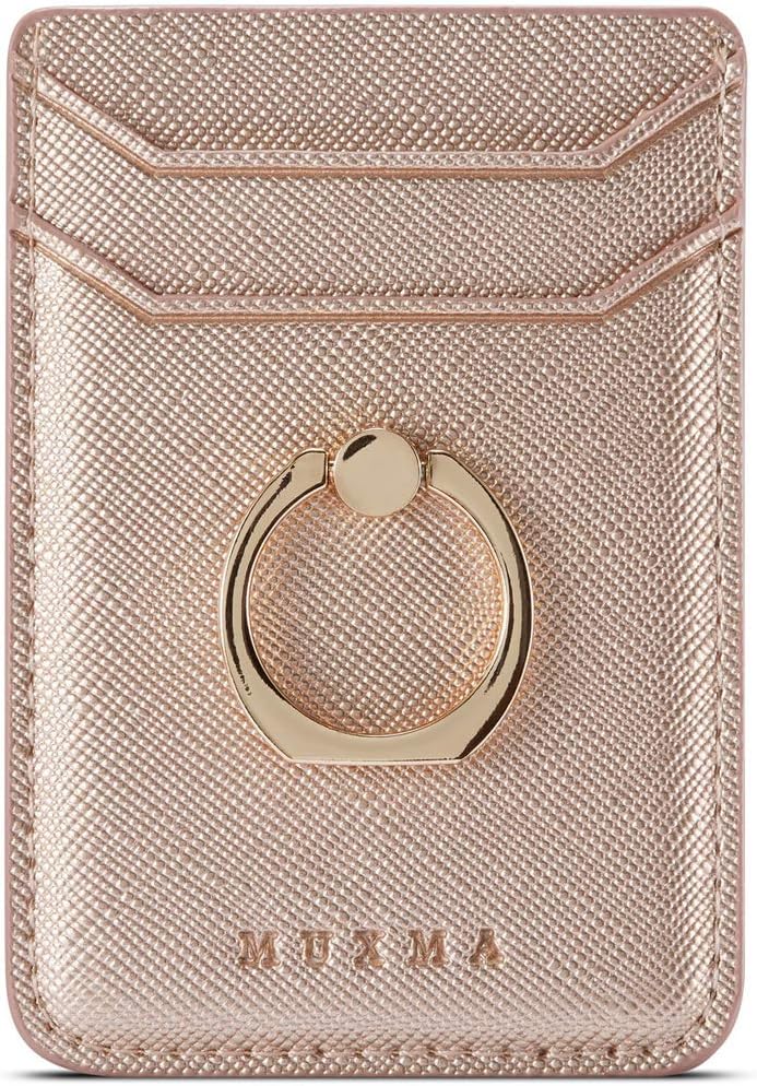 TOPWOOZU Phone Card Holder with Ring Grip for Back of Phone,Adhesive Stick-on Credit Card Wallet Pocket for iPhone,Android and Smartphones Rosegold - Image 1
